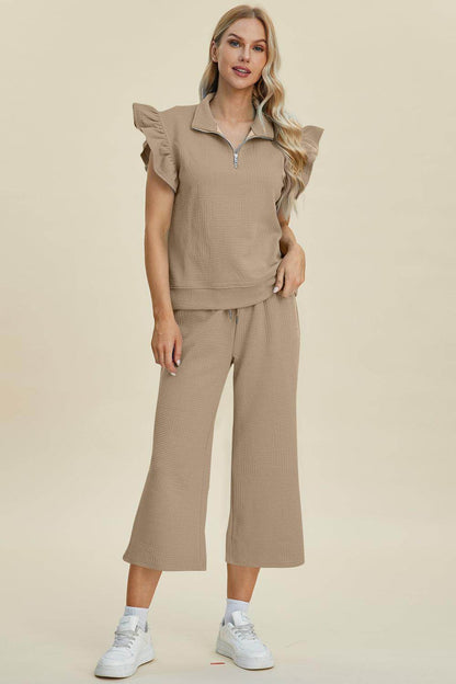 Double Take Full Size Texture Ruffle Top and Pants Set - Selvanelle