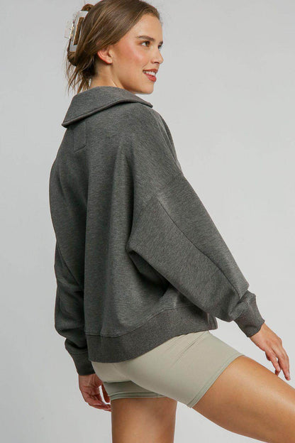 Umgee Johnny Collar Dropped Shoulder Sweatshirt for Women - Selvanelle
