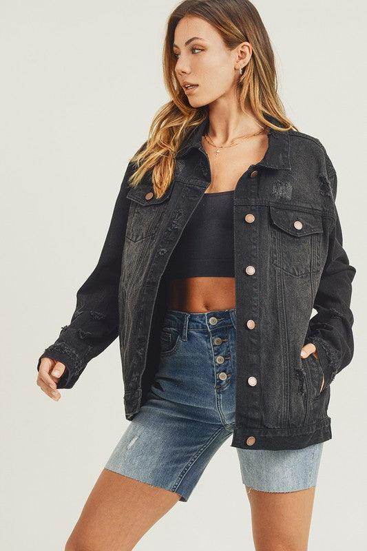 RISEN Full Size Distressed Long Sleeve Denim Jacket for Women - Selvanelle