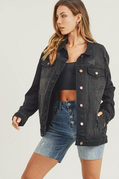 RISEN Full Size Distressed Long Sleeve Denim Jacket for Women - Selvanelle