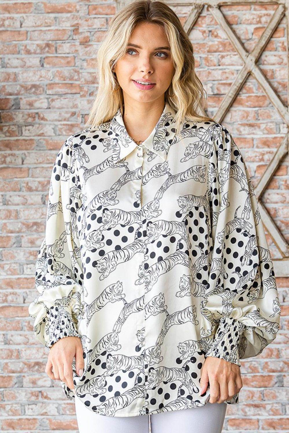 First Love Tiger Print Collared Neck Long Sleeve Satin Shirt - Selvanelle