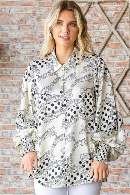 First Love Tiger Print Collared Neck Long Sleeve Satin Shirt - Selvanelle