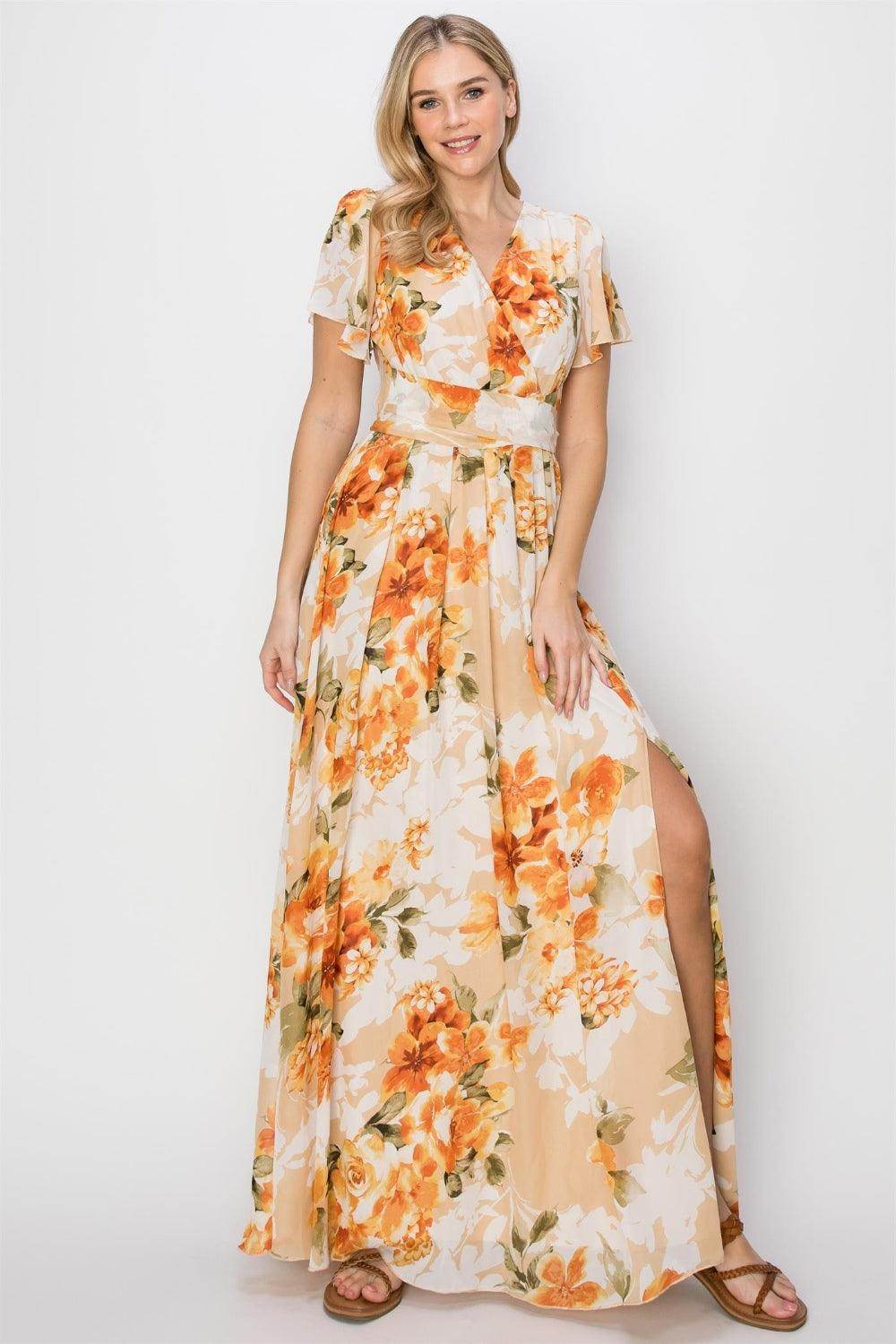 HYFVE Floral Tie Back Short Sleeve Slit Maxi Dress for Women - Selvanelle