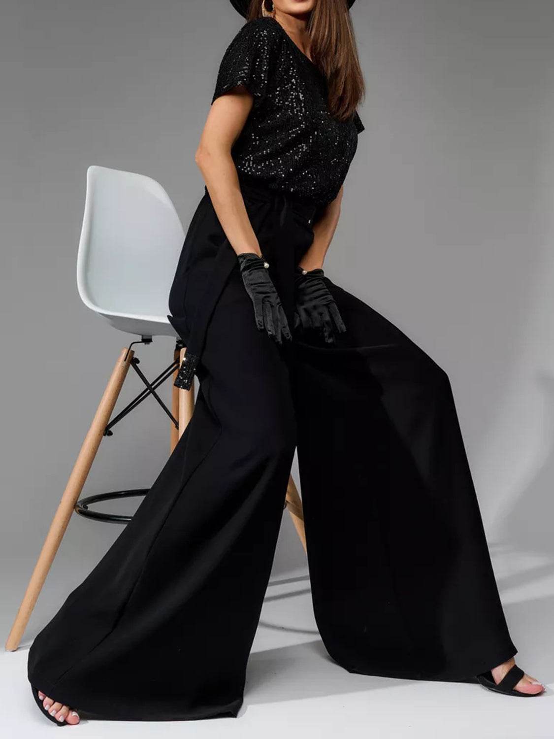 Full Size Sequin Round Neck Short Sleeve Wide Leg Jumpsuit - Selvanelle