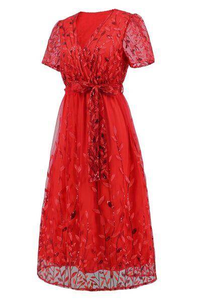 Sequin Leaf Embroidery Tie Front Short Sleeve Dress for Women - Selvanelle
