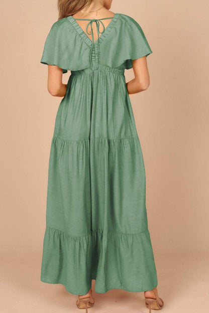 Ruffled V Neck Flutter Sleeve Maxi Dress - Selvanelle