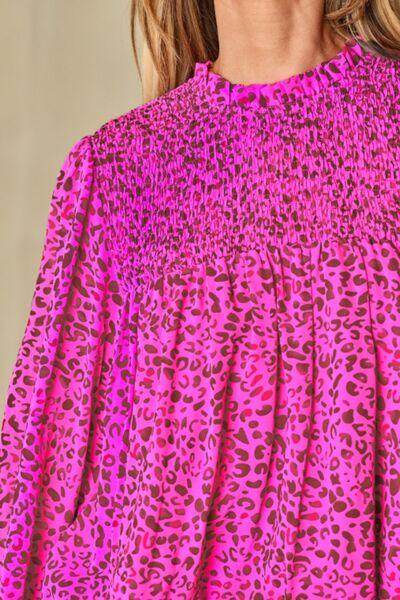 Ruched Leopard Mock Neck Long Sleeve Blouse for Women - Selvanelle