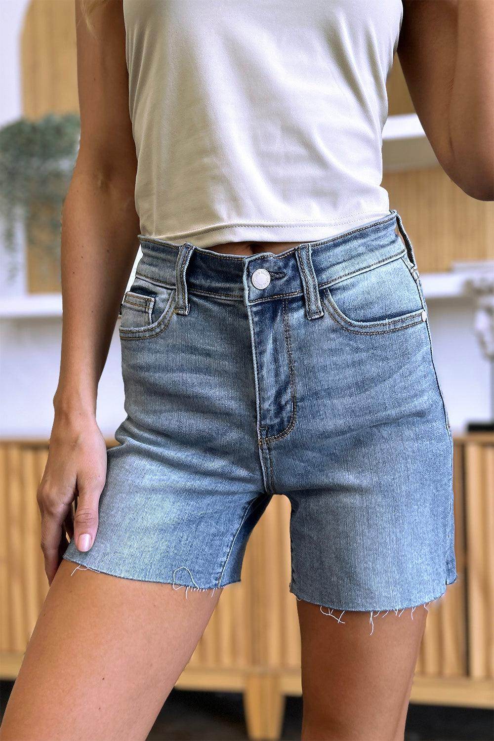 Judy Blue Full Size High Waist Raw Hem Denim Shorts for Women - Selvanelle