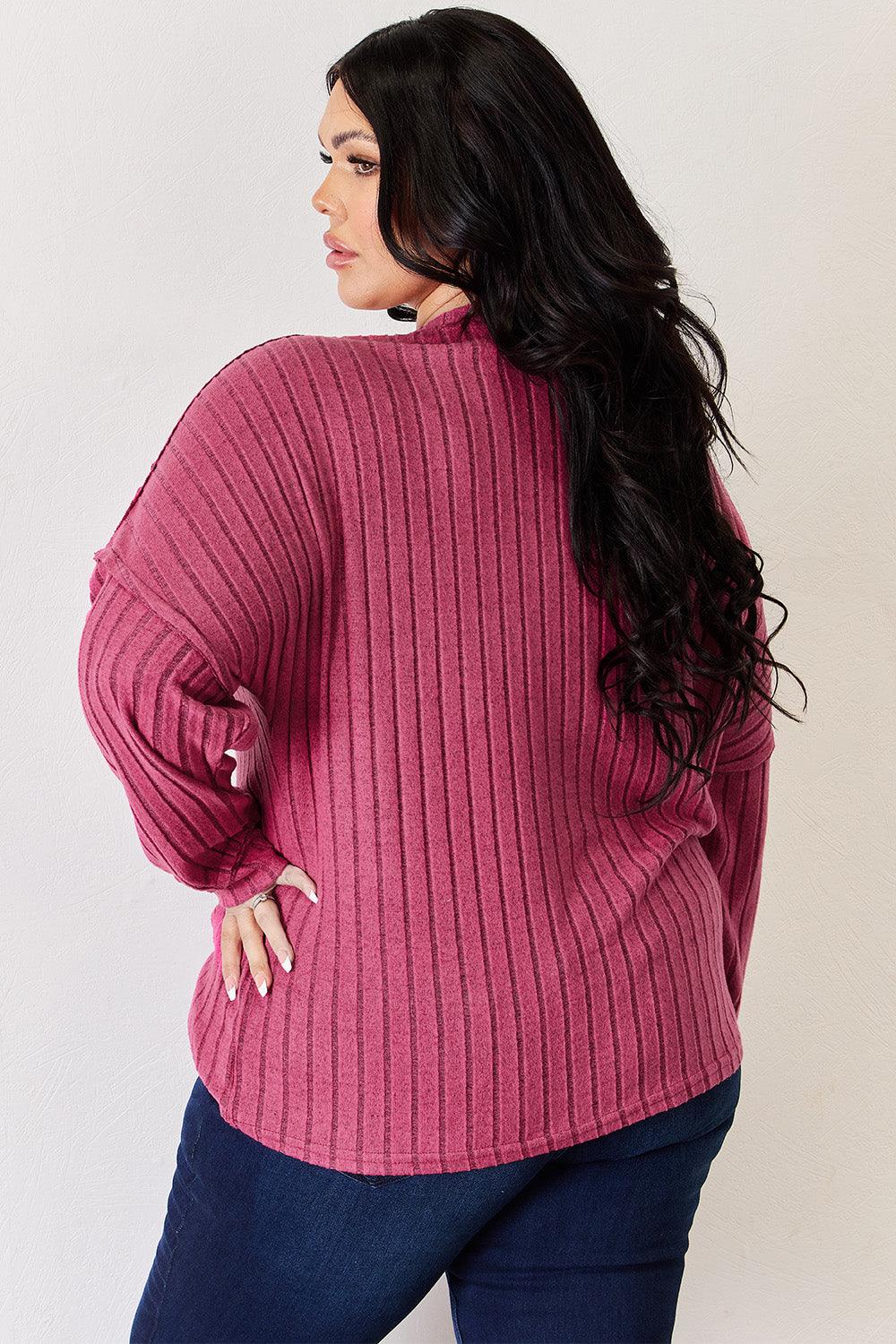 Basic Bae Full Size Ribbed Half Button Long Sleeve T-Shirt