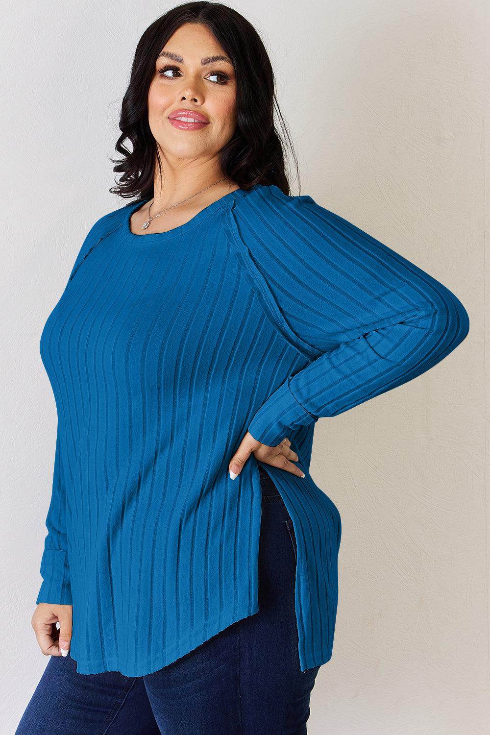 Basic Bae Full Size Ribbed Round Neck Slit T-Shirt for Women - Selvanelle