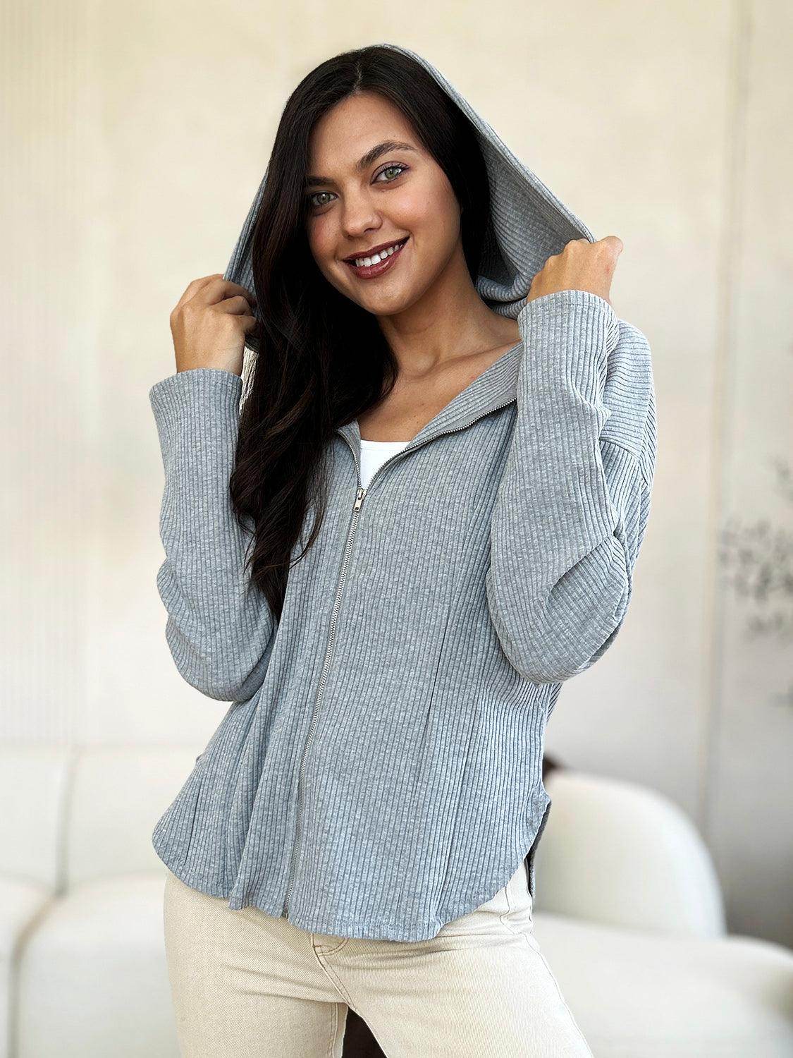Culture Code Full Size Ribbed Zip Up Hooded Jacket - Selvanelle