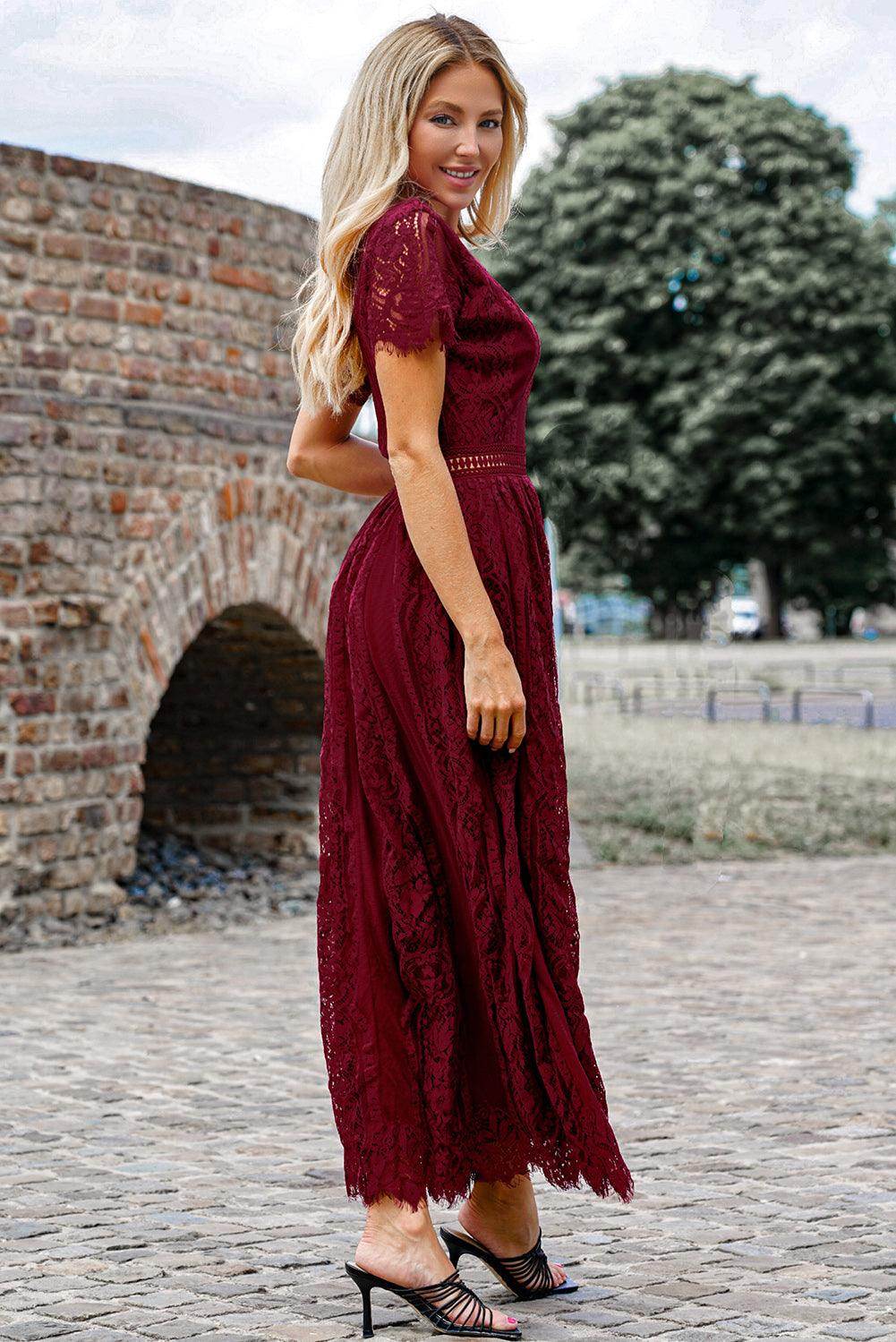 Scalloped Trim Lace Plunge Dress for Elegant Occasions - Selvanelle
