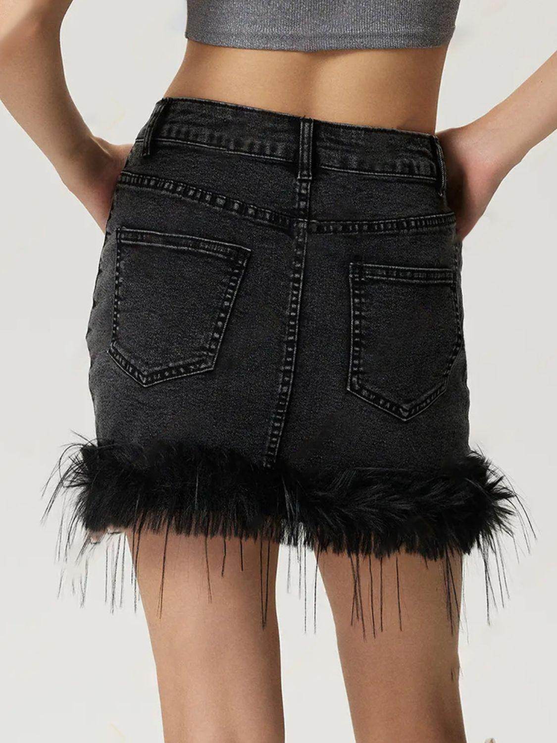 Plush Hem Mini Denim Skirt with Pockets and Stretchy Fit - Selvanelle