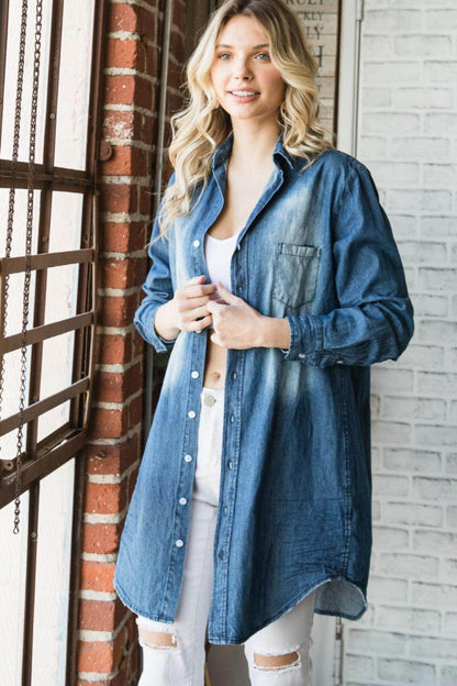Veveret Pocketed Button Up Washed Denim Shirt for Women - Selvanelle