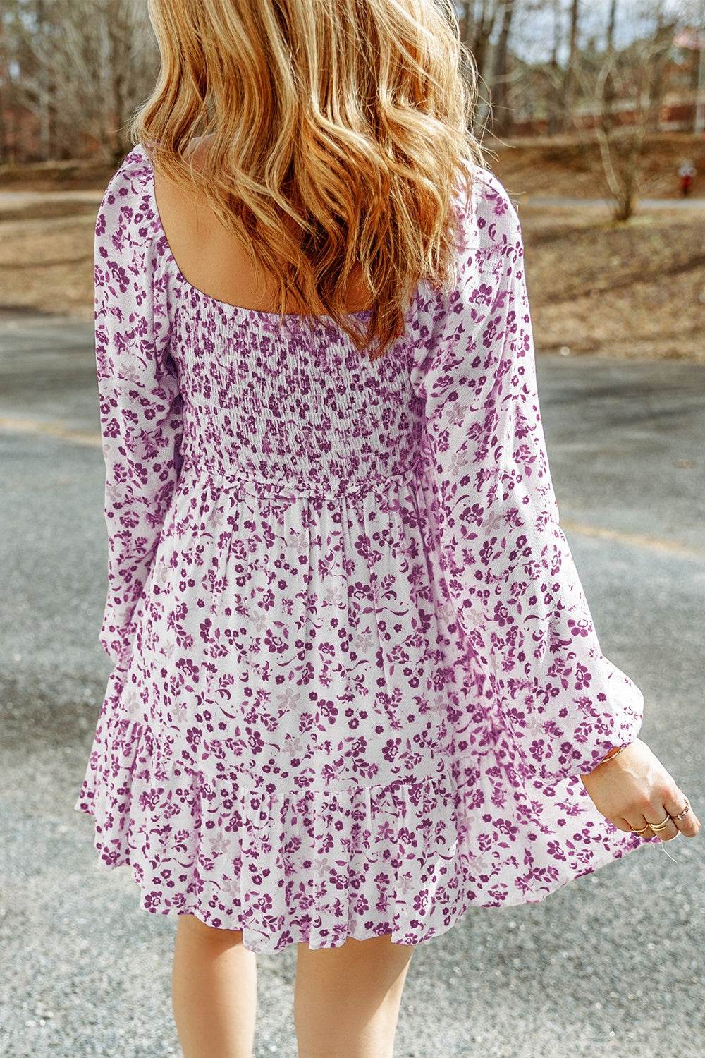 Smocked Floral Square Neck Balloon Sleeve Dress - Selvanelle