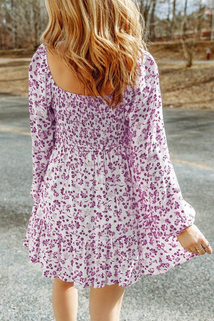 Smocked Floral Square Neck Balloon Sleeve Dress - Selvanelle