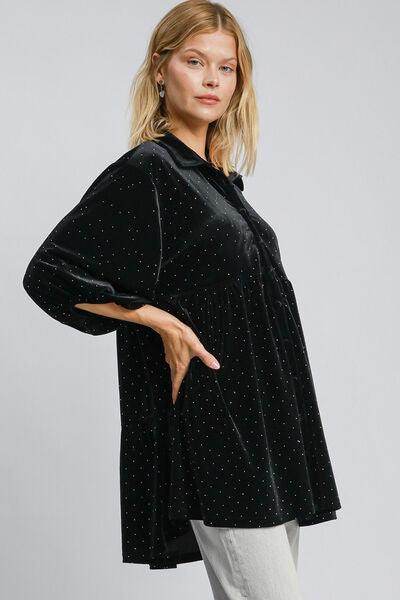 Umgee Full Size Polka Dot Button Up Half Sleeve Shirt - Selvanelle