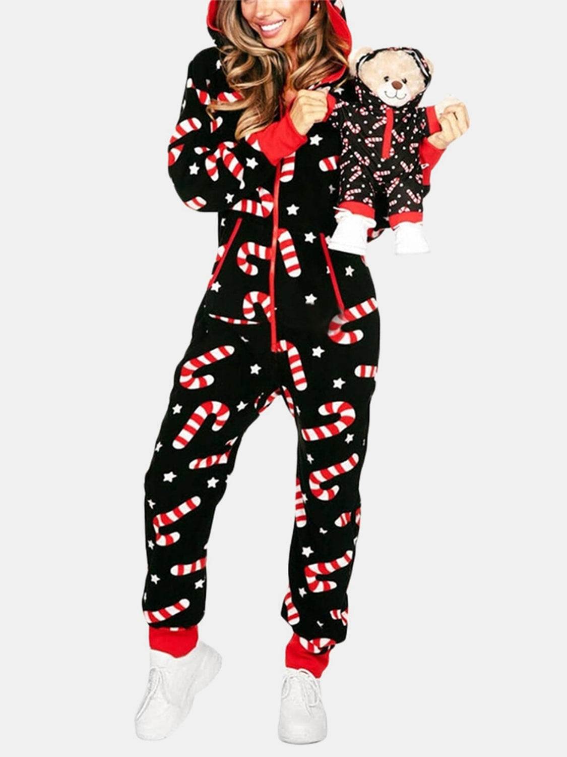Printed Zip Up Long Sleeve Hooded Jumpsuit - Selvanelle
