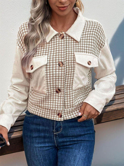 Perfee Pocketed Houndstooth Long Sleeve Jacket for Women - Selvanelle
