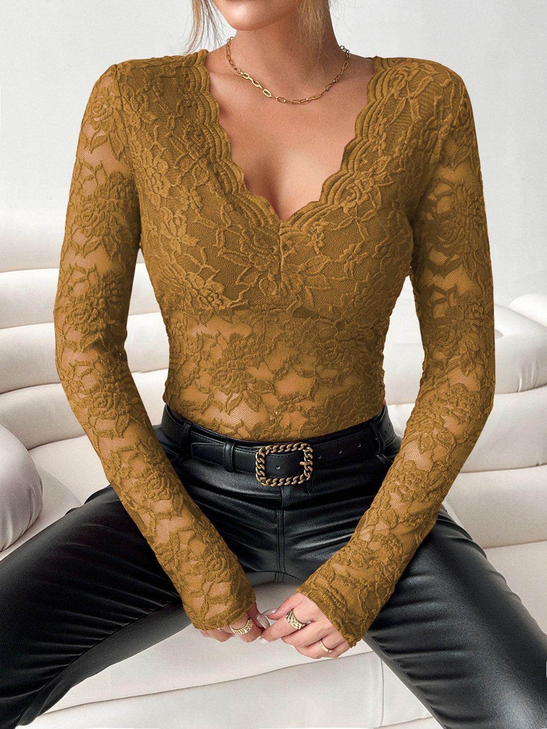 V-Neck Long Sleeve Lace Top for Women in Various Sizes - Selvanelle