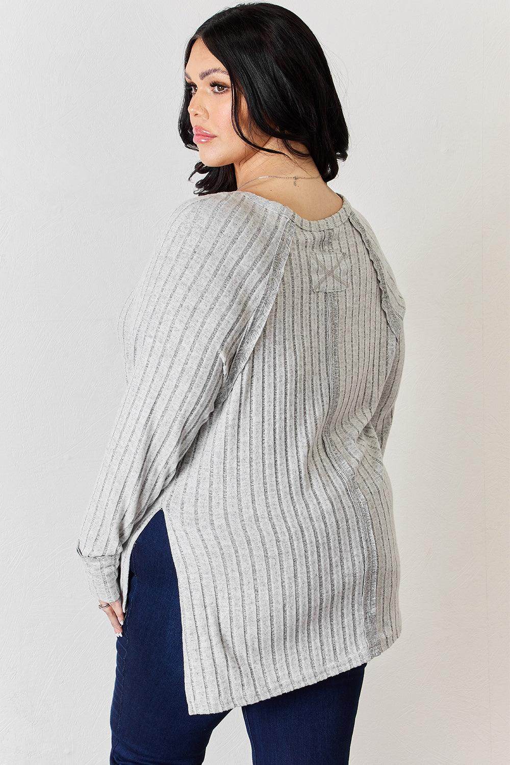 Basic Bae Full Size Ribbed Round Neck Slit T-Shirt for Women - Selvanelle