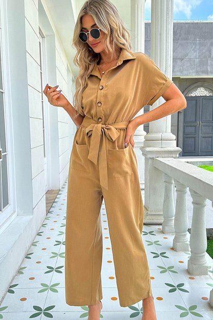 Shiny Tie Belt Buttoned Short Sleeve Collared Neck Jumpsuit - Selvanelle