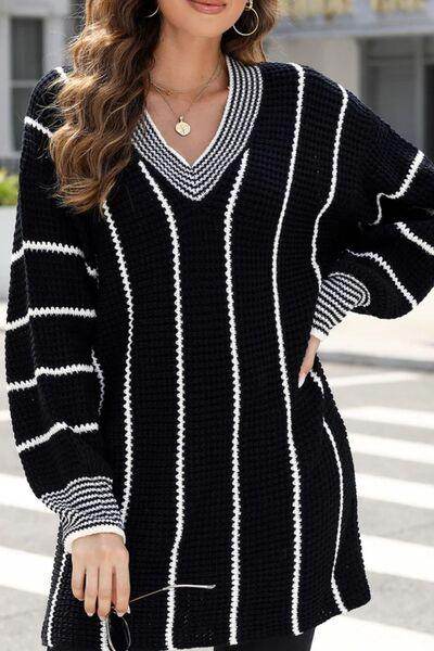 Striped V-Neck Long Sleeve Sweater for Women Fashion - Selvanelle