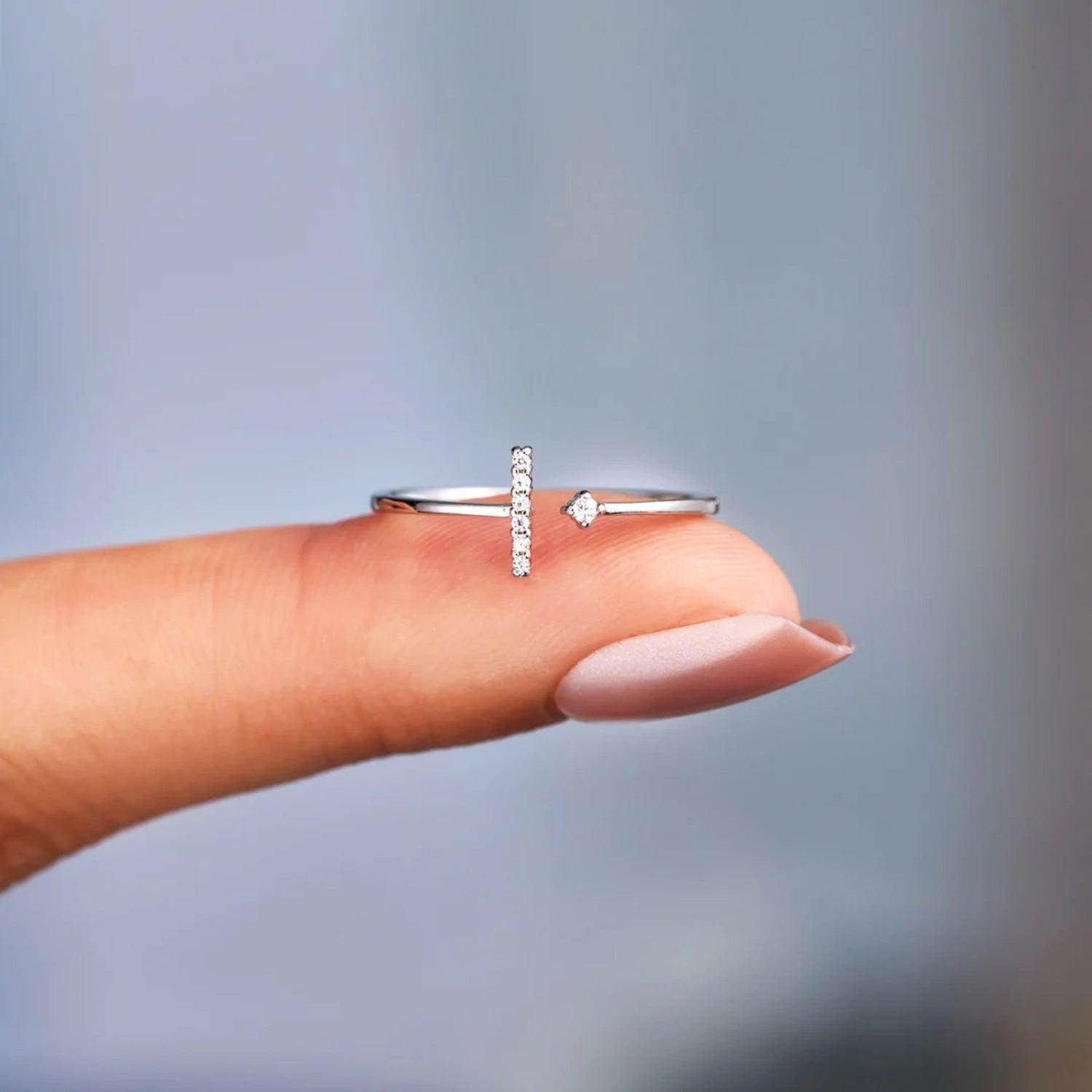 T Shape Inlaid Zircon 925 Sterling Silver Open Ring Design - Selvanelle