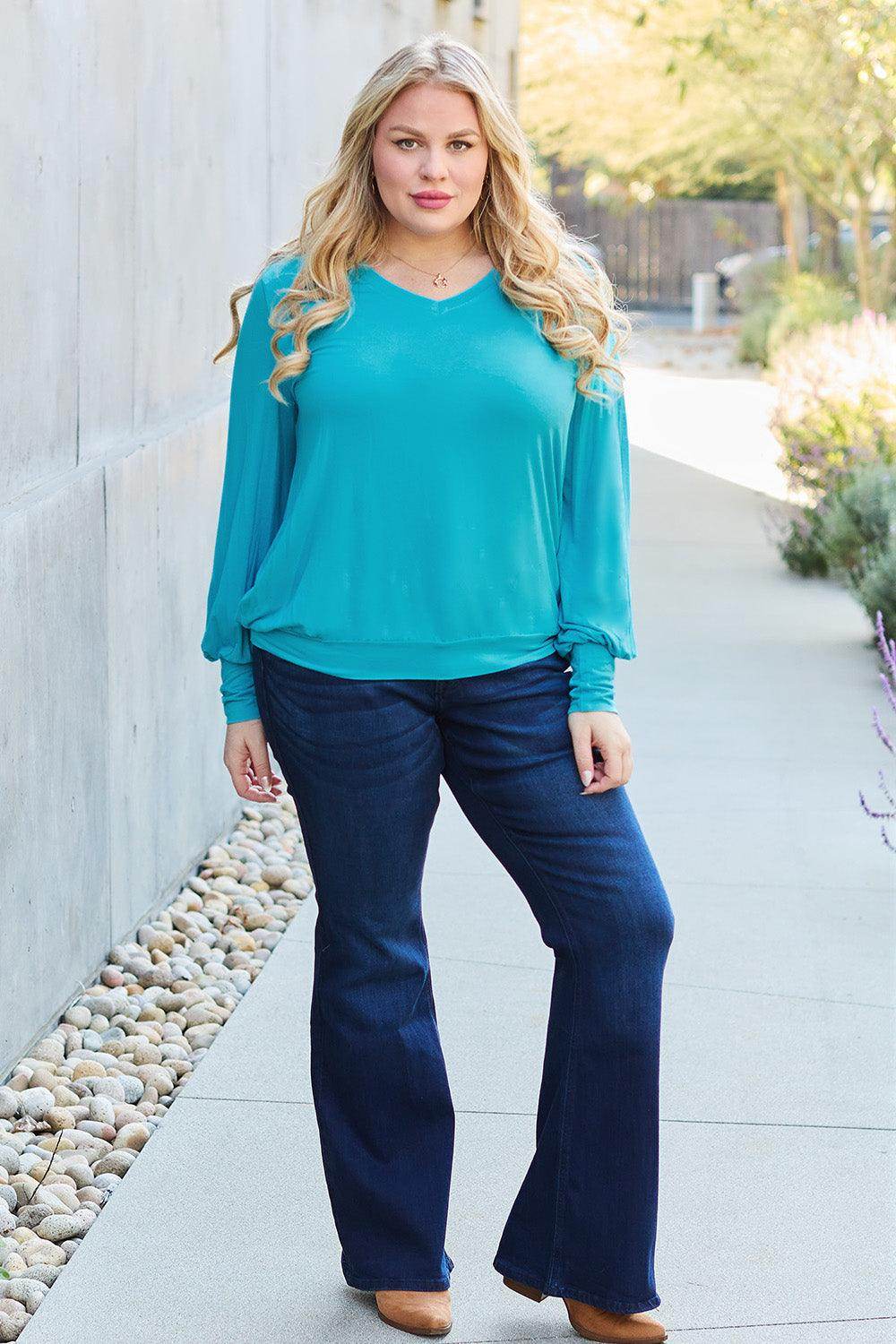Basic Bae Full Size V-Neck Lantern Sleeve Top for Women - Selvanelle