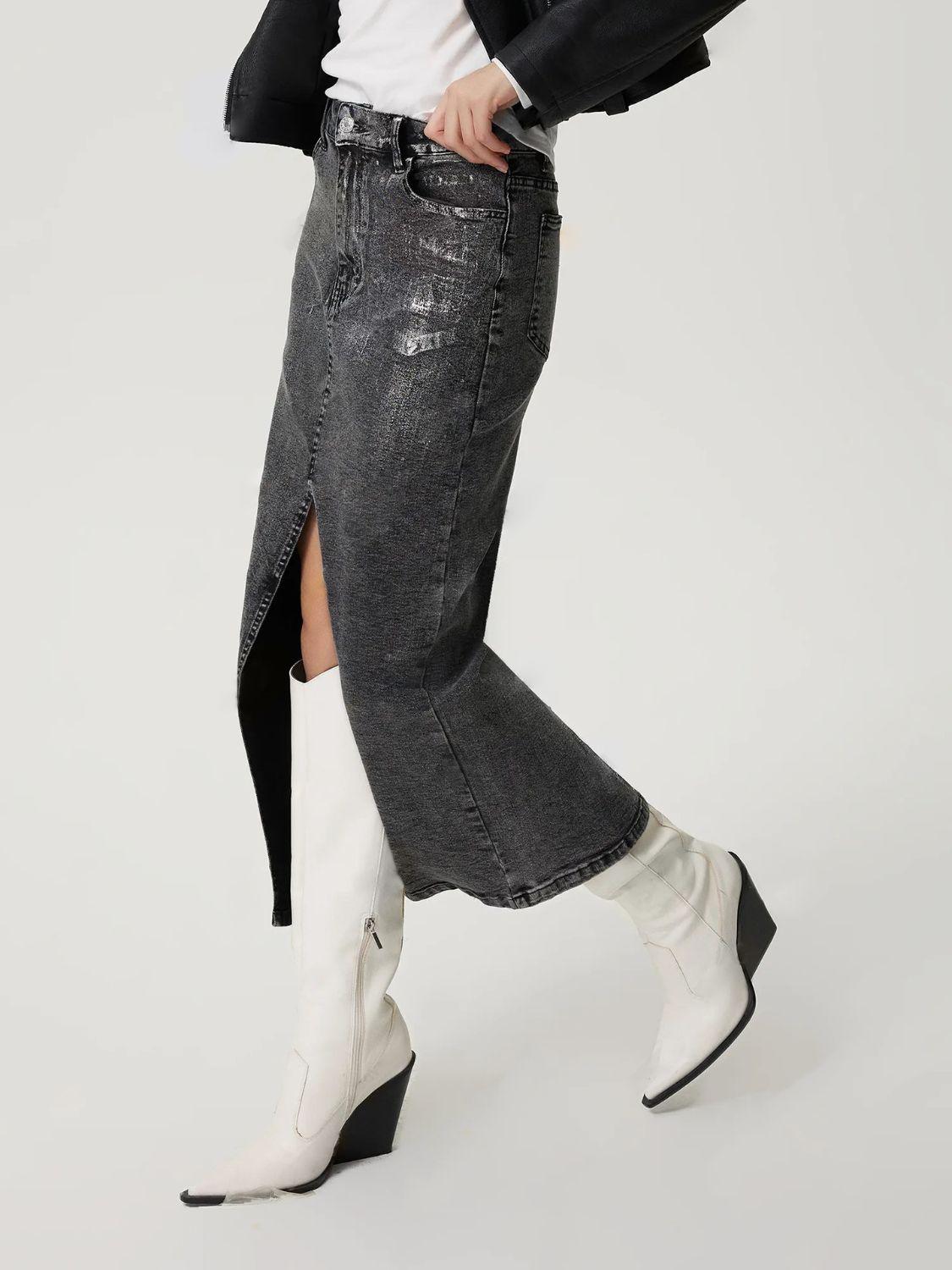 Slit Midi Denim Skirt with Pockets for Effortless Style