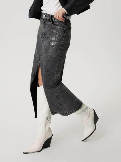 Slit Midi Denim Skirt with Pockets for Effortless Style - Selvanelle
