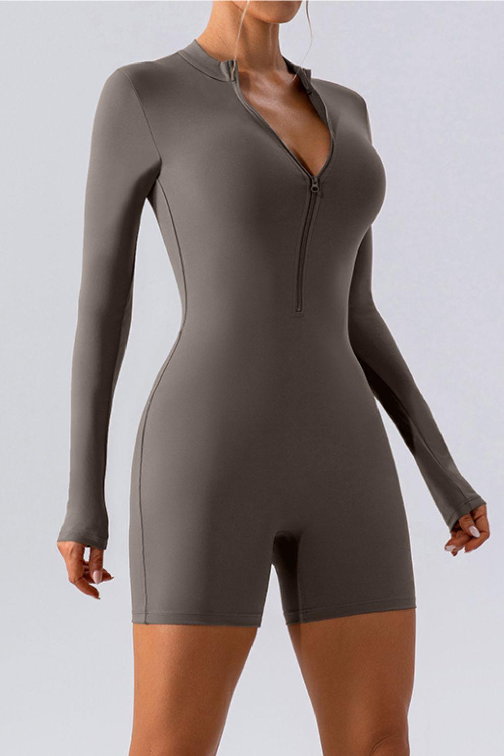 Half Zip Long Sleeve Active Romper for Women Fitness