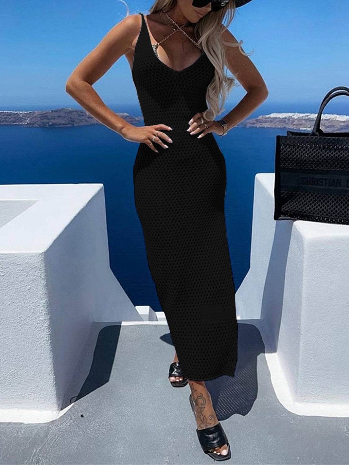 Slit Openwork V-Neck Sleeveless Cover Up - Selvanelle