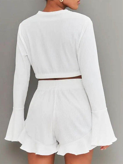 Round Neck Long Sleeve Top and Ruffled Shorts Set for Women - Selvanelle