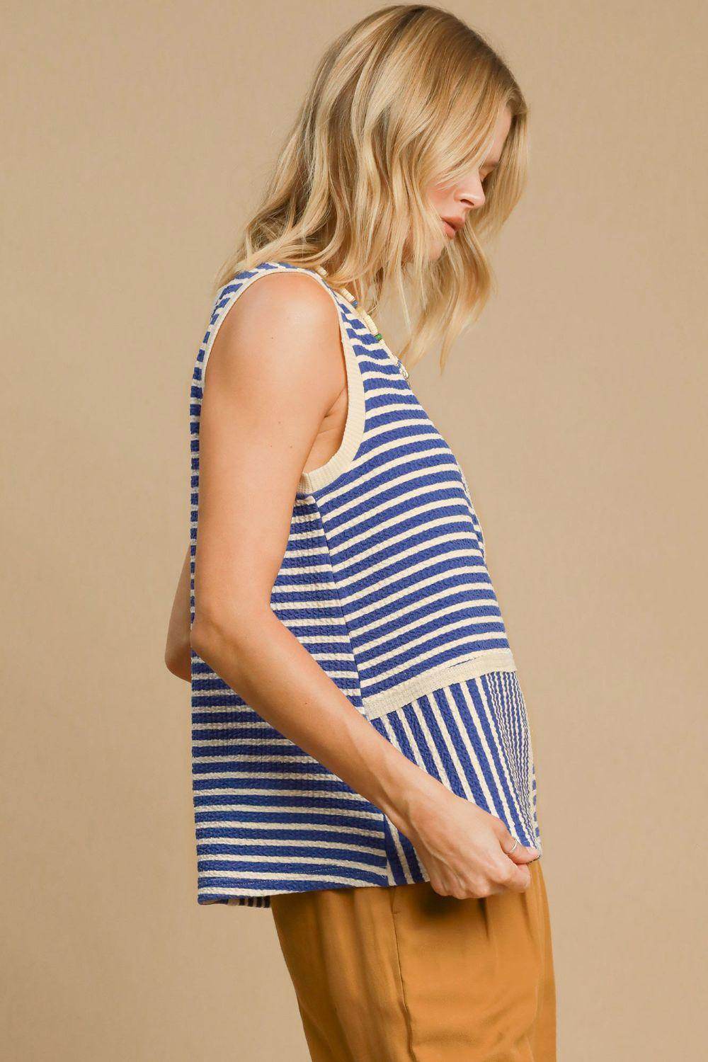 Umgee Round Neck Texture Striped Tank Top for Women - Selvanelle