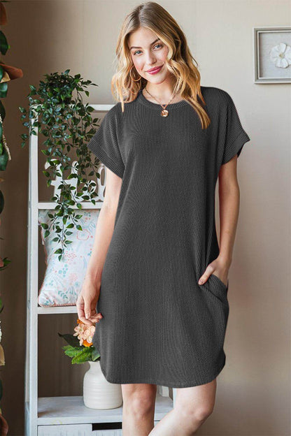 Heimish Full Size Ribbed Round Neck Short Sleeve Tee Dress - Selvanelle