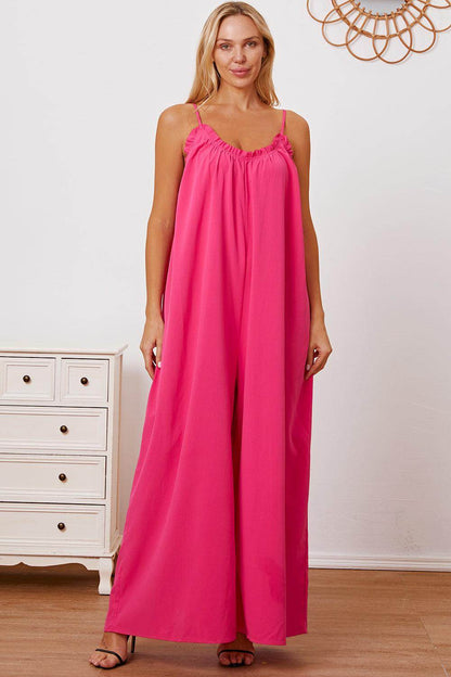 Double Take Full Size Ruffle Trim Tie Back Cami Jumpsuit - Selvanelle