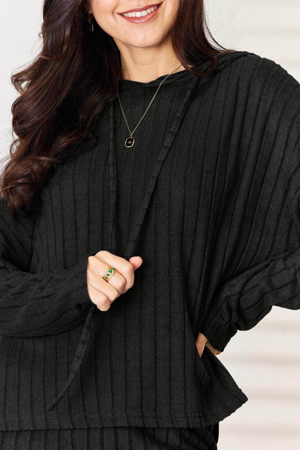 Basic Bae Full Size Ribbed Drawstring Hooded Top Set - Selvanelle