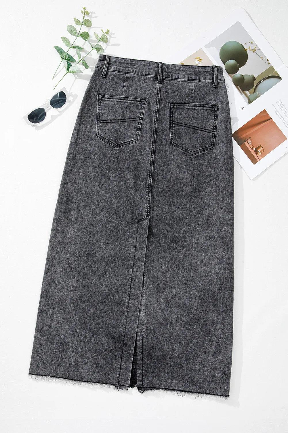 Raw Hem Midi Denim Skirt with Pockets for Women