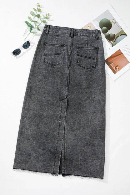 Raw Hem Midi Denim Skirt with Pockets for Women - Selvanelle