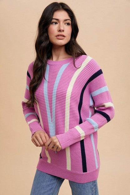 Annie Wear Chevron Stripe Round Neck Ribbed Sweater for Women - Selvanelle