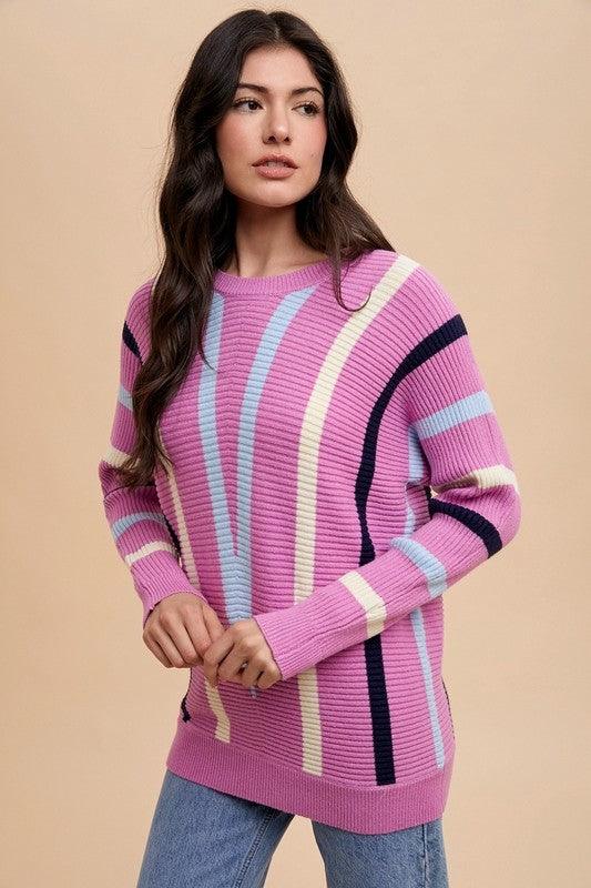 Annie Wear Chevron Stripe Round Neck Ribbed Sweater for Women