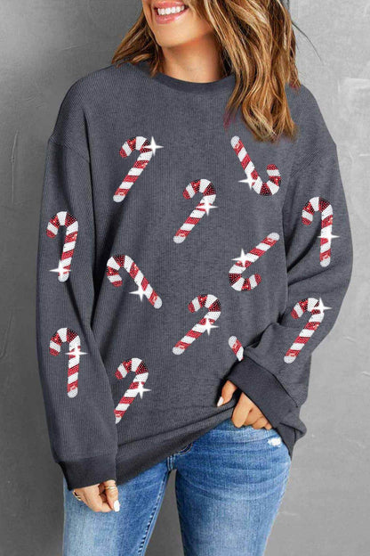 Sequin Candy Cane Round Neck Sweatshirt for Women - Selvanelle