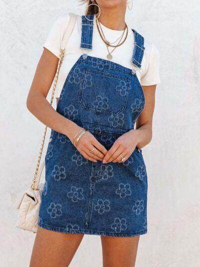 Flower Wide Strap Denim Overall Dress with Pockets for Women - Selvanelle