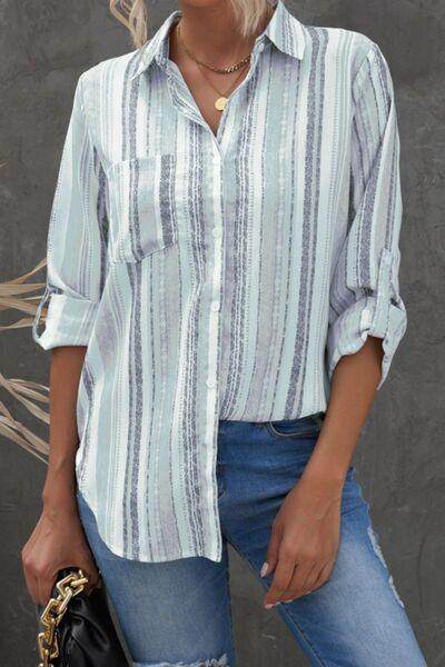 Striped Collared Neck Long Sleeve Shirt for Women Fashion - Selvanelle