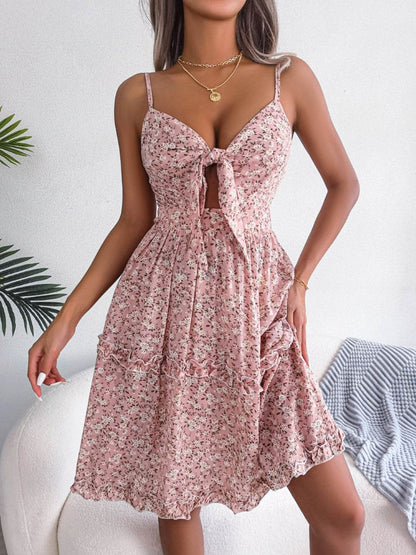Frill Ditsy Floral Spaghetti Strap Mini Dress - Selvanelle