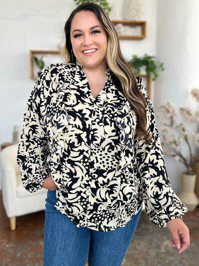 Double Take Full Size Printed Ruffle Trim Balloon Sleeve Shirt - Selvanelle