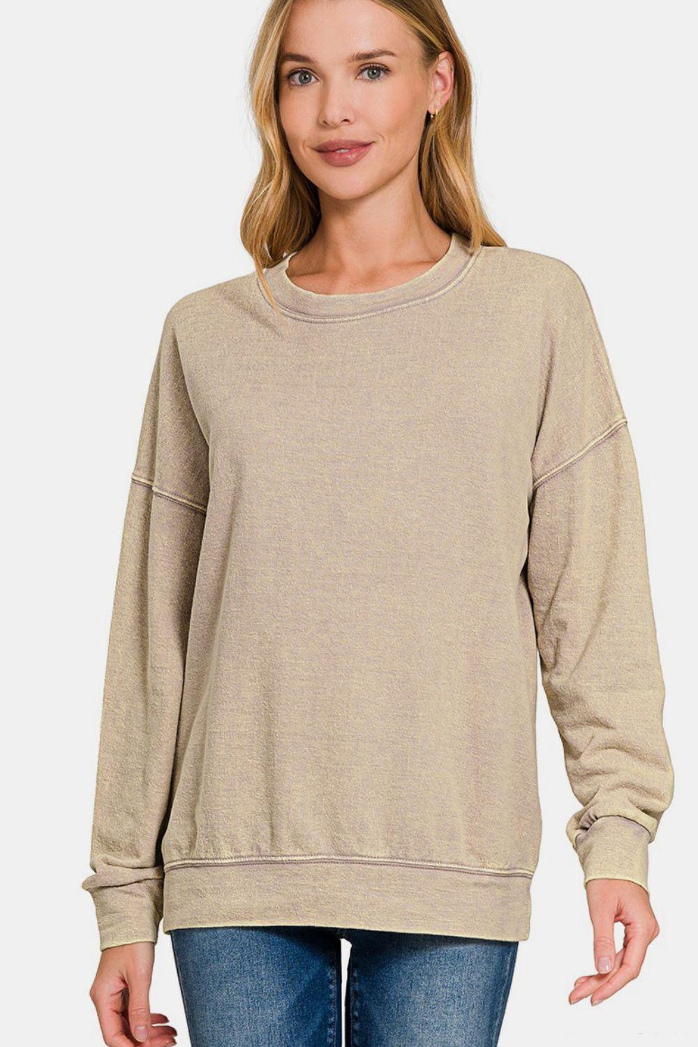 Zenana Washed Round Neck Dropped Shoulder Sweatshirt for Women