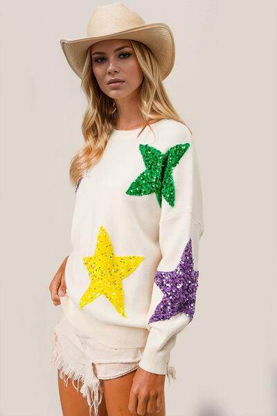 Double Take Sequin Star Round Neck Dropped Shoulder Sweater - Selvanelle