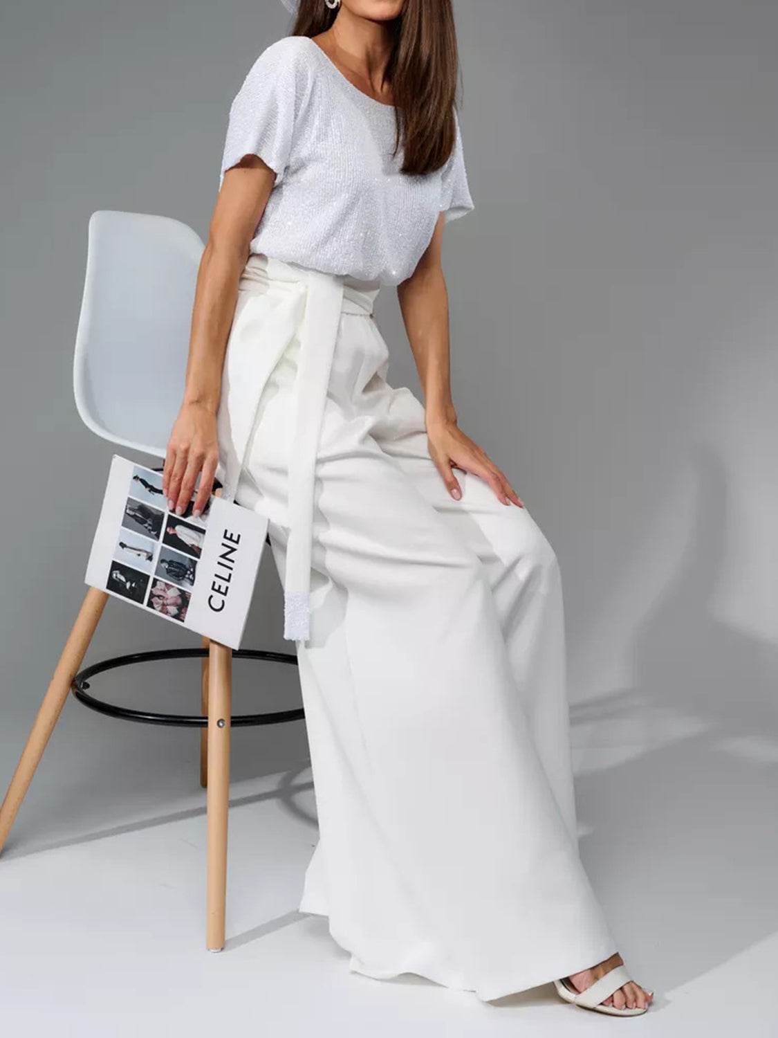 Full Size Sequin Round Neck Short Sleeve Wide Leg Jumpsuit - Selvanelle